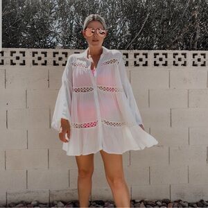 CROCHET FLARED SLEEVE BUTTON FRONT BLOUSE COVERUP